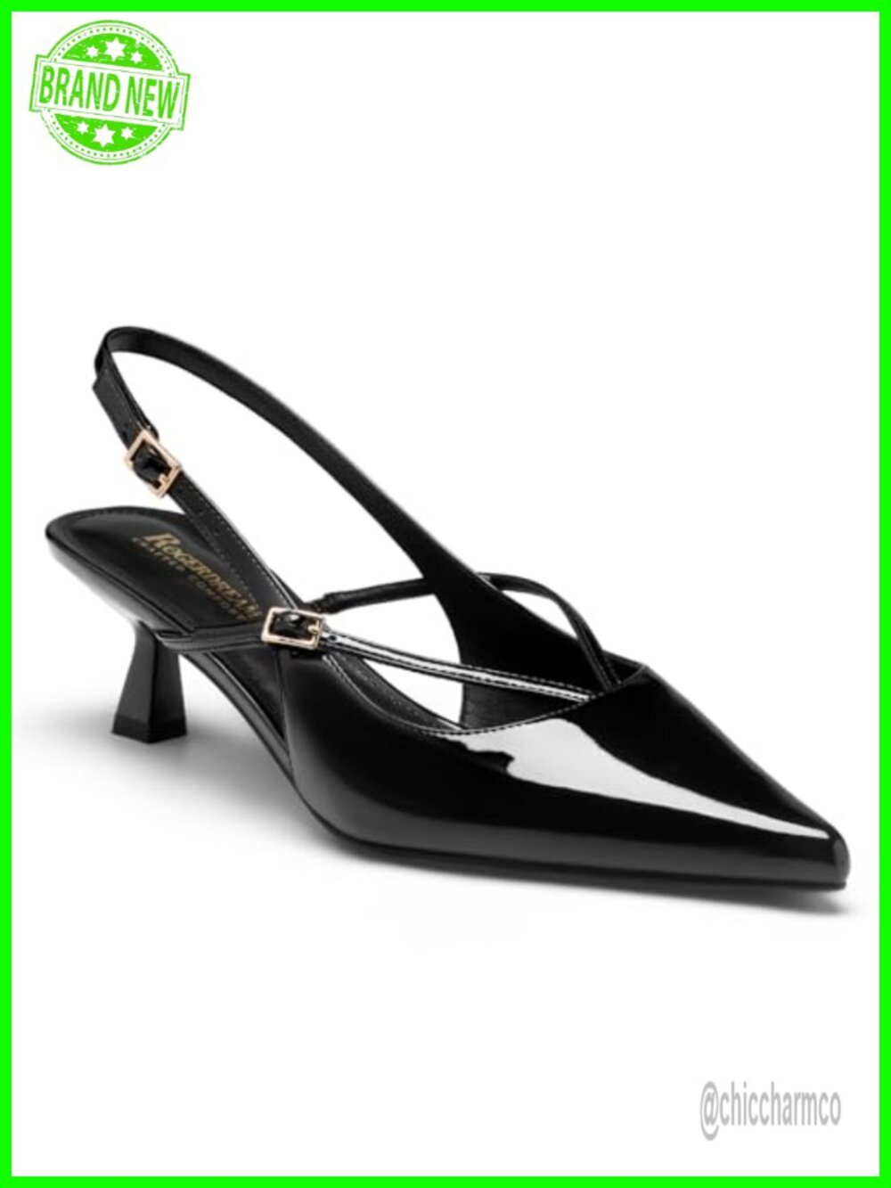 Women's Kitten Heel Slingback Pumps Patent Vegan Leather 2 Inch Pointed Toe